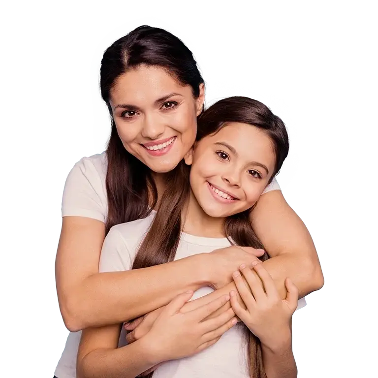 young mom hugging daughter and smiling