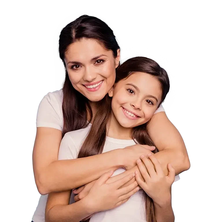 young mom hugging daughter and smiling